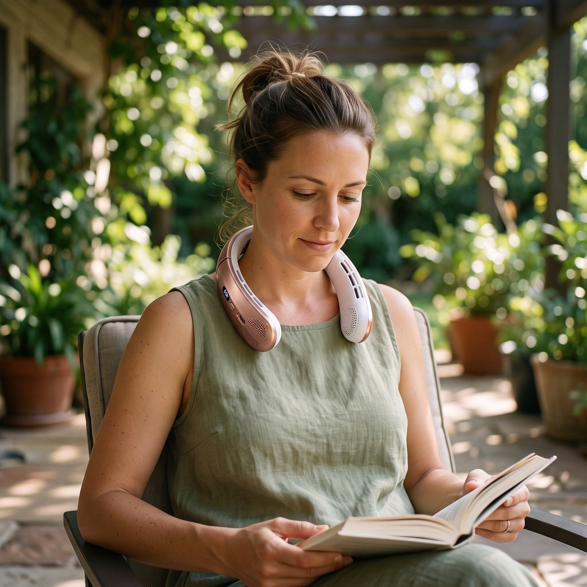 Woman reading on a patio wearing Breezego