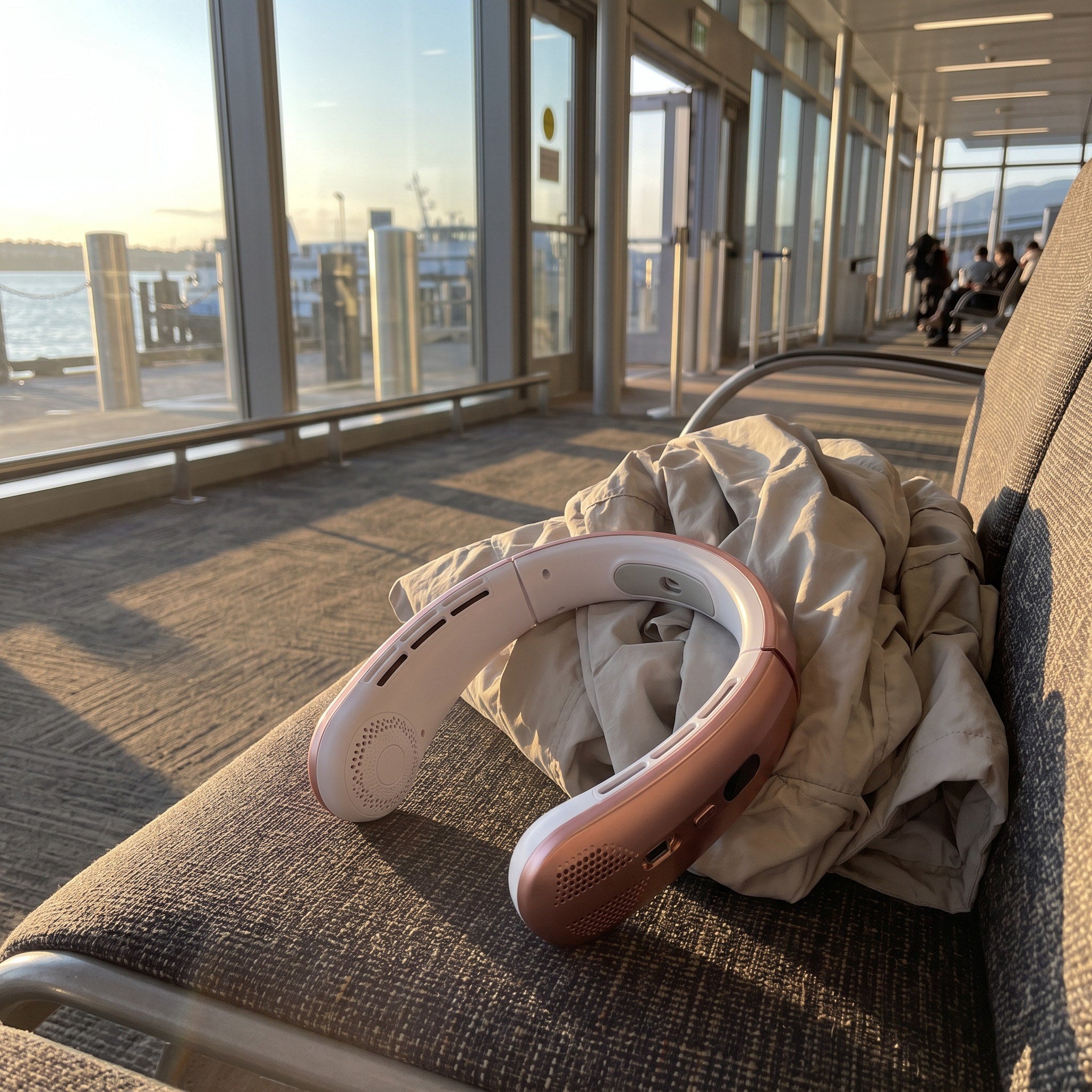 Breezego neck fan in an everyday warm-day setting