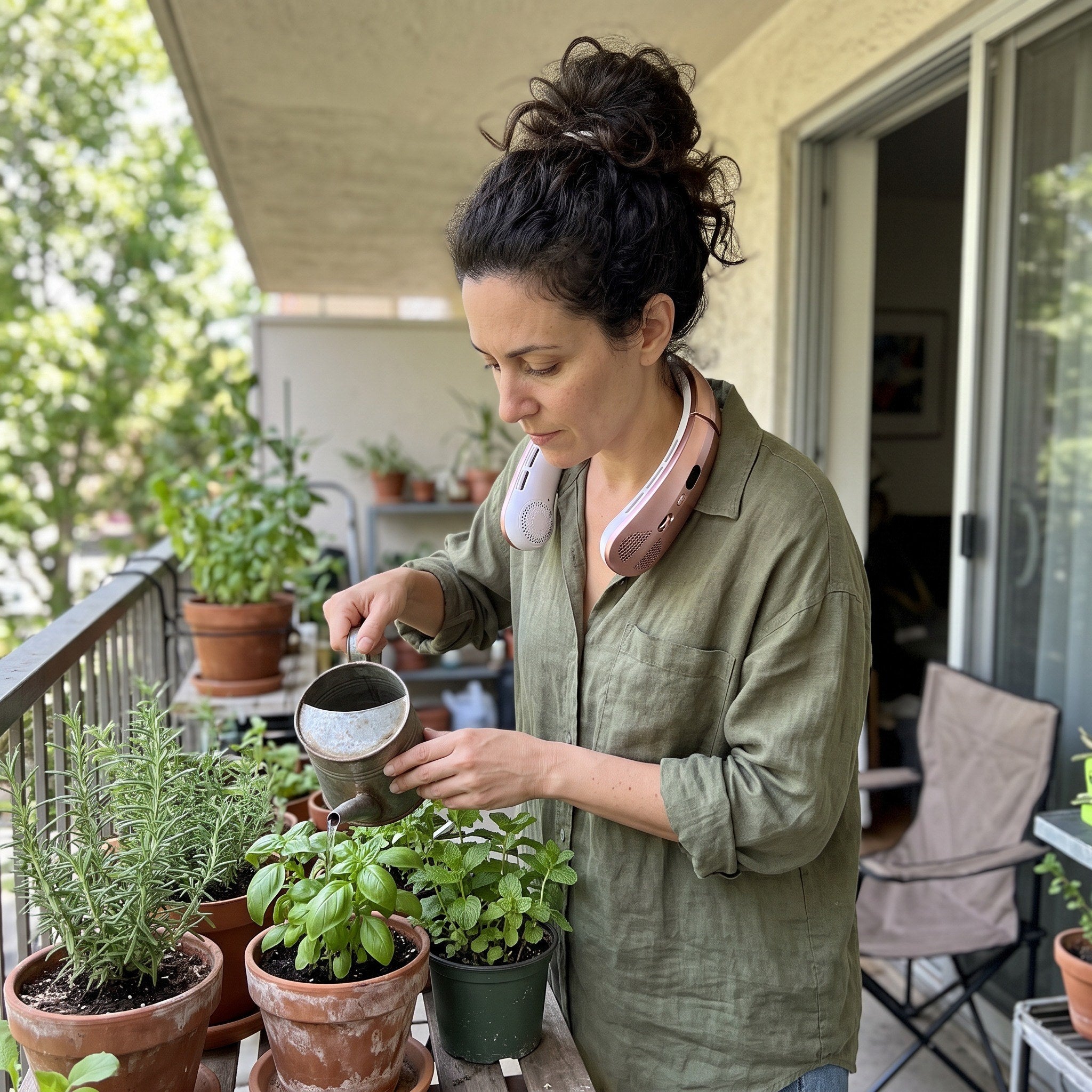 Olivia tending herbs wearing Breezego