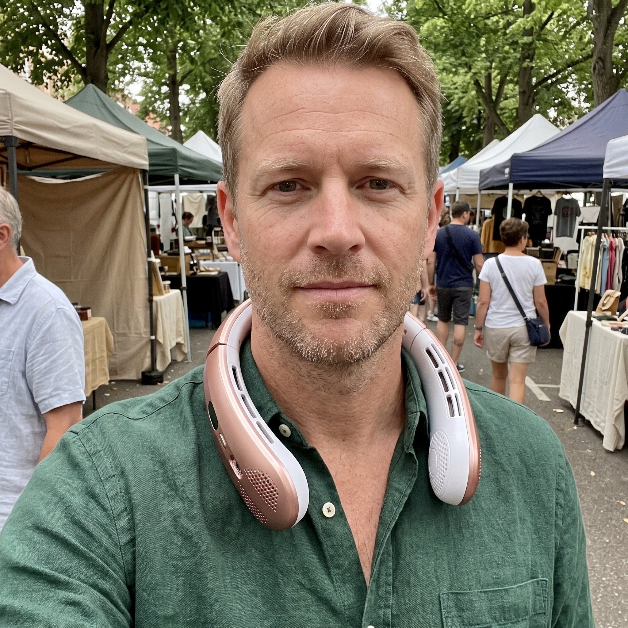 James wearing Breezego in a market selfie